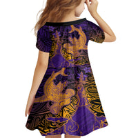 Hawaiian Volcano and Shark Family Matching Long Sleeve Bodycon Dress and Hawaiian Shirt Polynesian and Hibiscus Pattern Purple Yellow Gradient