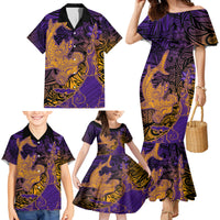 Hawaiian Volcano and Shark Family Matching Mermaid Dress and Hawaiian Shirt Polynesian and Hibiscus Pattern Purple Yellow Gradient LT03 - Polynesian Pride