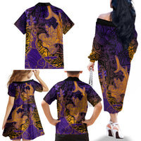 Hawaiian Volcano and Shark Family Matching Off The Shoulder Long Sleeve Dress and Hawaiian Shirt Polynesian and Hibiscus Pattern Purple Yellow Gradient LT03 - Polynesian Pride