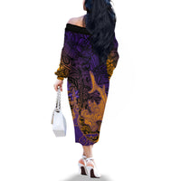 Hawaiian Volcano and Shark Family Matching Off The Shoulder Long Sleeve Dress and Hawaiian Shirt Polynesian and Hibiscus Pattern Purple Yellow Gradient LT03 - Polynesian Pride