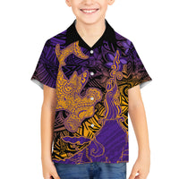 Hawaiian Volcano and Shark Family Matching Off The Shoulder Long Sleeve Dress and Hawaiian Shirt Polynesian and Hibiscus Pattern Purple Yellow Gradient LT03 Son's Shirt Purple - Polynesian Pride