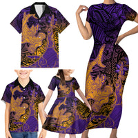 Hawaiian Volcano and Shark Family Matching Short Sleeve Bodycon Dress and Hawaiian Shirt Polynesian and Hibiscus Pattern Purple Yellow Gradient LT03 - Polynesian Pride