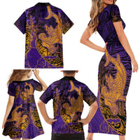 Hawaiian Volcano and Shark Family Matching Short Sleeve Bodycon Dress and Hawaiian Shirt Polynesian and Hibiscus Pattern Purple Yellow Gradient LT03 - Polynesian Pride
