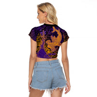 Hawaiian Volcano and Shark Raglan Cropped T Shirt Polynesian and Hibiscus Pattern Purple Yellow Gradient