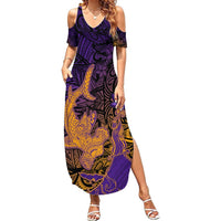 Hawaiian Volcano and Shark Summer Maxi Dress Polynesian and Hibiscus Pattern Purple Yellow Gradient LT03 Women Purple - Polynesian Pride