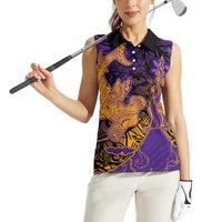Hawaiian Volcano and Shark Women Sleeveless Polo Shirt Polynesian and Hibiscus Pattern Purple Yellow Gradient