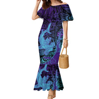 Hawaiian Volcano and Shark Family Matching Mermaid Dress and Hawaiian Shirt Polynesian and Hibiscus Pattern Purple Cyan Gradient LT03 Mom's Dress Purple - Polynesian Pride