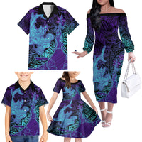 Hawaiian Volcano and Shark Family Matching Off The Shoulder Long Sleeve Dress and Hawaiian Shirt Polynesian and Hibiscus Pattern Purple Cyan Gradient LT03 - Polynesian Pride