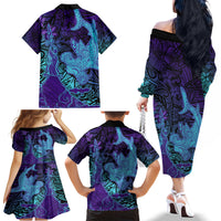 Hawaiian Volcano and Shark Family Matching Off The Shoulder Long Sleeve Dress and Hawaiian Shirt Polynesian and Hibiscus Pattern Purple Cyan Gradient LT03 - Polynesian Pride
