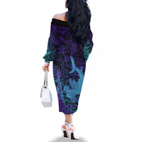 Hawaiian Volcano and Shark Family Matching Off The Shoulder Long Sleeve Dress and Hawaiian Shirt Polynesian and Hibiscus Pattern Purple Cyan Gradient LT03 - Polynesian Pride
