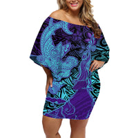 Hawaiian Volcano and Shark Family Matching Off Shoulder Short Dress and Hawaiian Shirt Polynesian and Hibiscus Pattern Purple Cyan Gradient LT03 Mom's Dress Purple - Polynesian Pride