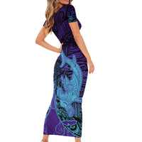 Hawaiian Volcano and Shark Family Matching Short Sleeve Bodycon Dress and Hawaiian Shirt Polynesian and Hibiscus Pattern Purple Cyan Gradient LT03 - Polynesian Pride