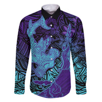 Hawaiian Volcano and Shark Family Matching Tank Maxi Dress and Hawaiian Shirt Polynesian and Hibiscus Pattern Purple Cyan Gradient