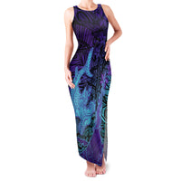 Hawaiian Volcano and Shark Family Matching Tank Maxi Dress and Hawaiian Shirt Polynesian and Hibiscus Pattern Purple Cyan Gradient