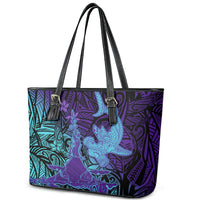 Hawaiian Volcano and Shark Leather Tote Bag Polynesian and Hibiscus Pattern Purple Cyan Gradient