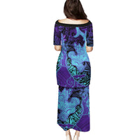 Hawaiian Volcano and Shark Puletasi Polynesian and Hibiscus Pattern Purple Cyan Gradient LT03 - Polynesian Pride