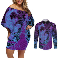 Hawaiian Volcano and Shark Couples Matching Off Shoulder Short Dress and Long Sleeve Button Shirt Polynesian and Hibiscus Pattern Violet Gradient LT03 Violet - Polynesian Pride