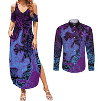 Hawaiian Volcano and Shark Couples Matching Summer Maxi Dress and Long Sleeve Button Shirt Polynesian and Hibiscus Pattern Violet Gradient LT03 Violet - Polynesian Pride
