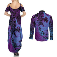 Hawaiian Volcano and Shark Couples Matching Summer Maxi Dress and Long Sleeve Button Shirt Polynesian and Hibiscus Pattern Violet Gradient LT03 - Polynesian Pride