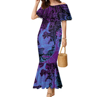 Hawaiian Volcano and Shark Family Matching Mermaid Dress and Hawaiian Shirt Polynesian and Hibiscus Pattern Violet Gradient