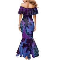Hawaiian Volcano and Shark Family Matching Mermaid Dress and Hawaiian Shirt Polynesian and Hibiscus Pattern Violet Gradient