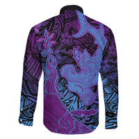 Hawaiian Volcano and Shark Family Matching Tank Maxi Dress and Hawaiian Shirt Polynesian and Hibiscus Pattern Violet Gradient