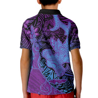 Hawaiian Volcano and Shark Kid Polo Shirt Polynesian and Hibiscus Pattern Violet Gradient