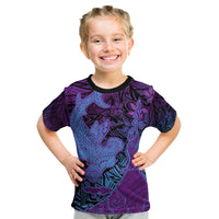 Hawaiian Volcano and Shark Kid T Shirt Polynesian and Hibiscus Pattern Violet Gradient