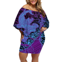 Hawaiian Volcano and Shark Off Shoulder Short Dress Polynesian and Hibiscus Pattern Violet Gradient LT03 Women Violet - Polynesian Pride