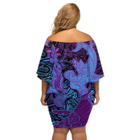Hawaiian Volcano and Shark Off Shoulder Short Dress Polynesian and Hibiscus Pattern Violet Gradient LT03 - Polynesian Pride