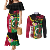 Vanuatu Nakamal and Plumeria Flowers Couples Matching Mermaid Dress and Long Sleeve Button Shirt Polynesian Pattern