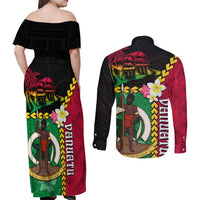 Vanuatu Nakamal and Plumeria Flowers Couples Matching Off Shoulder Maxi Dress and Long Sleeve Button Shirt Polynesian Pattern