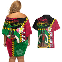 Vanuatu Nakamal and Plumeria Flowers Couples Matching Off Shoulder Short Dress and Hawaiian Shirt Polynesian Pattern