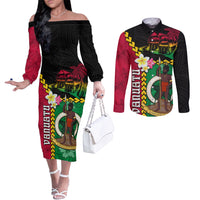 Vanuatu Nakamal and Plumeria Flowers Couples Matching Off The Shoulder Long Sleeve Dress and Long Sleeve Button Shirt Polynesian Pattern