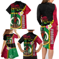 Vanuatu Nakamal and Plumeria Flowers Family Matching Long Sleeve Bodycon Dress and Hawaiian Shirt Polynesian Pattern