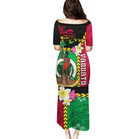 Vanuatu Nakamal and Plumeria Flowers Puletasi Polynesian Pattern