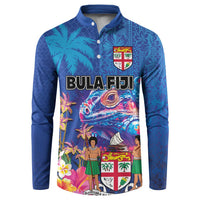 Fiji Bula Button Sweatshirt Tropical Plants with Palm Tree and Iguana Colorful