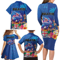 Fiji Bula Family Matching Long Sleeve Bodycon Dress and Hawaiian Shirt Tropical Plants with Palm Tree and Iguana Colorful LT03 - Polynesian Pride
