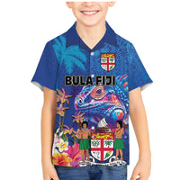 Fiji Bula Family Matching Mermaid Dress and Hawaiian Shirt Tropical Plants with Palm Tree and Iguana Colorful LT03 Son's Shirt Blue - Polynesian Pride