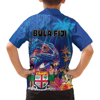 Fiji Bula Family Matching Off Shoulder Short Dress and Hawaiian Shirt Tropical Plants with Palm Tree and Iguana Colorful LT03 - Polynesian Pride