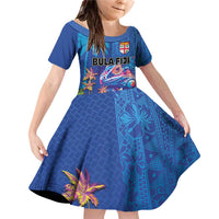 Fiji Bula Family Matching Off Shoulder Short Dress and Hawaiian Shirt Tropical Plants with Palm Tree and Iguana Colorful LT03 Daughter's Dress Blue - Polynesian Pride