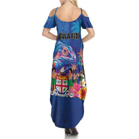 Fiji Bula Family Matching Summer Maxi Dress and Hawaiian Shirt Tropical Plants with Palm Tree and Iguana Colorful