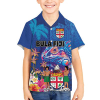 Fiji Bula Family Matching Tank Maxi Dress and Hawaiian Shirt Tropical Plants with Palm Tree and Iguana Colorful LT03 Son's Shirt Blue - Polynesian Pride