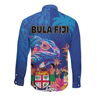 Fiji Bula Long Sleeve Button Shirt Tropical Plants with Palm Tree and Iguana Colorful