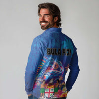 Fiji Bula Long Sleeve Polo Shirt Tropical Plants with Palm Tree and Iguana Colorful