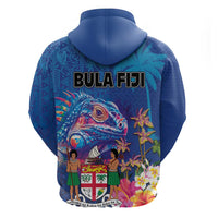 Fiji Bula Zip Hoodie Tropical Plants with Palm Tree and Iguana Colorful