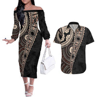 Fiji Traditional Masi Couples Matching Off The Shoulder Long Sleeve Dress and Hawaiian Shirt Tapa Art Palm Leaves Pattern