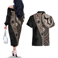 Fiji Traditional Masi Couples Matching Off The Shoulder Long Sleeve Dress and Hawaiian Shirt Tapa Art Palm Leaves Pattern