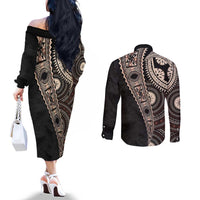 Fiji Traditional Masi Couples Matching Off The Shoulder Long Sleeve Dress and Long Sleeve Button Shirt Tapa Art Palm Leaves Pattern
