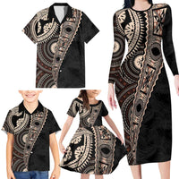 Fiji Traditional Masi Family Matching Long Sleeve Bodycon Dress and Hawaiian Shirt Tapa Art Palm Leaves Pattern LT03 - Polynesian Pride